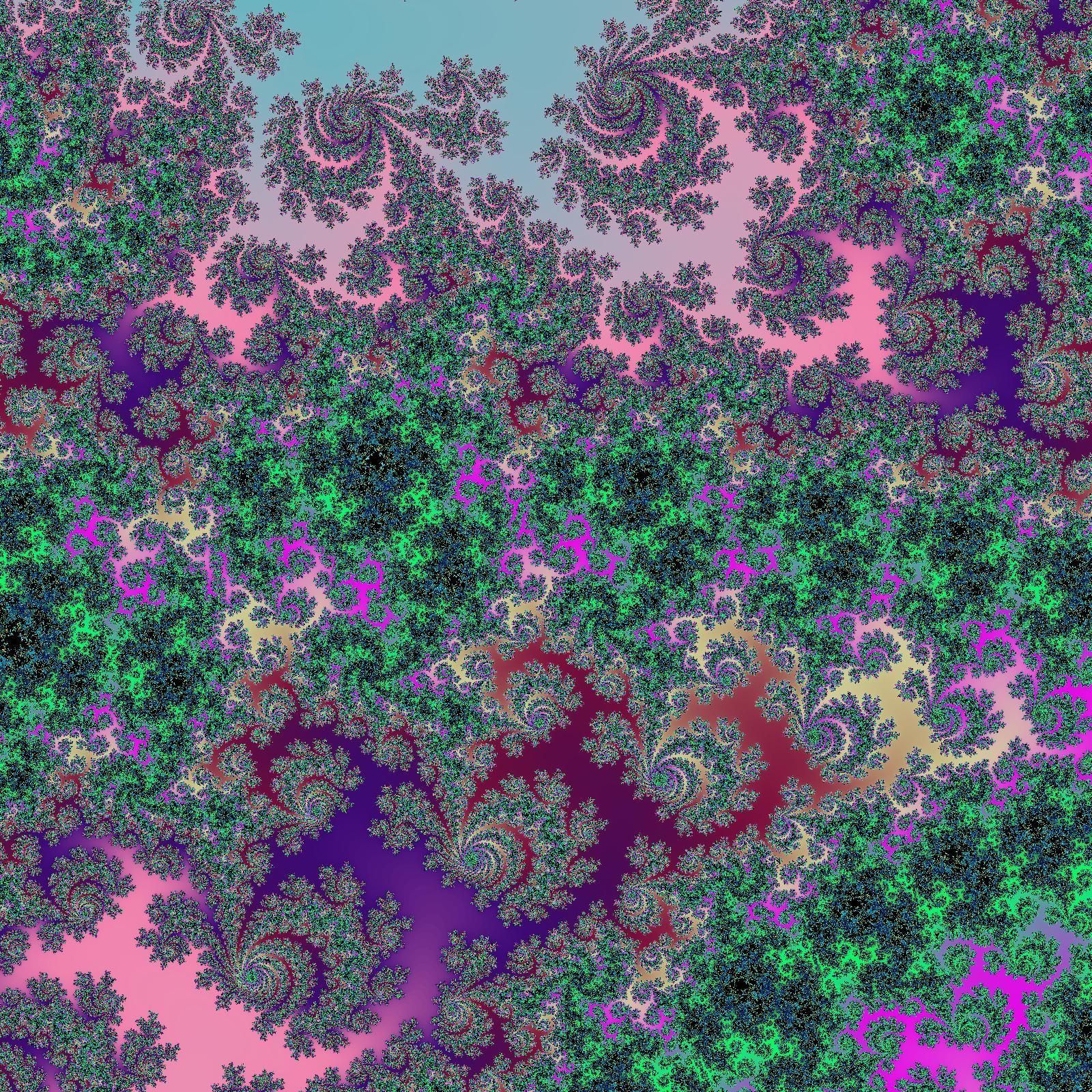 A render of the mandelbrot set using randomised colours. The centre point is -0.5663901647944266 + -0.4647571652398558i and we are zoomed to 4.3546918137e+09 magnitude.