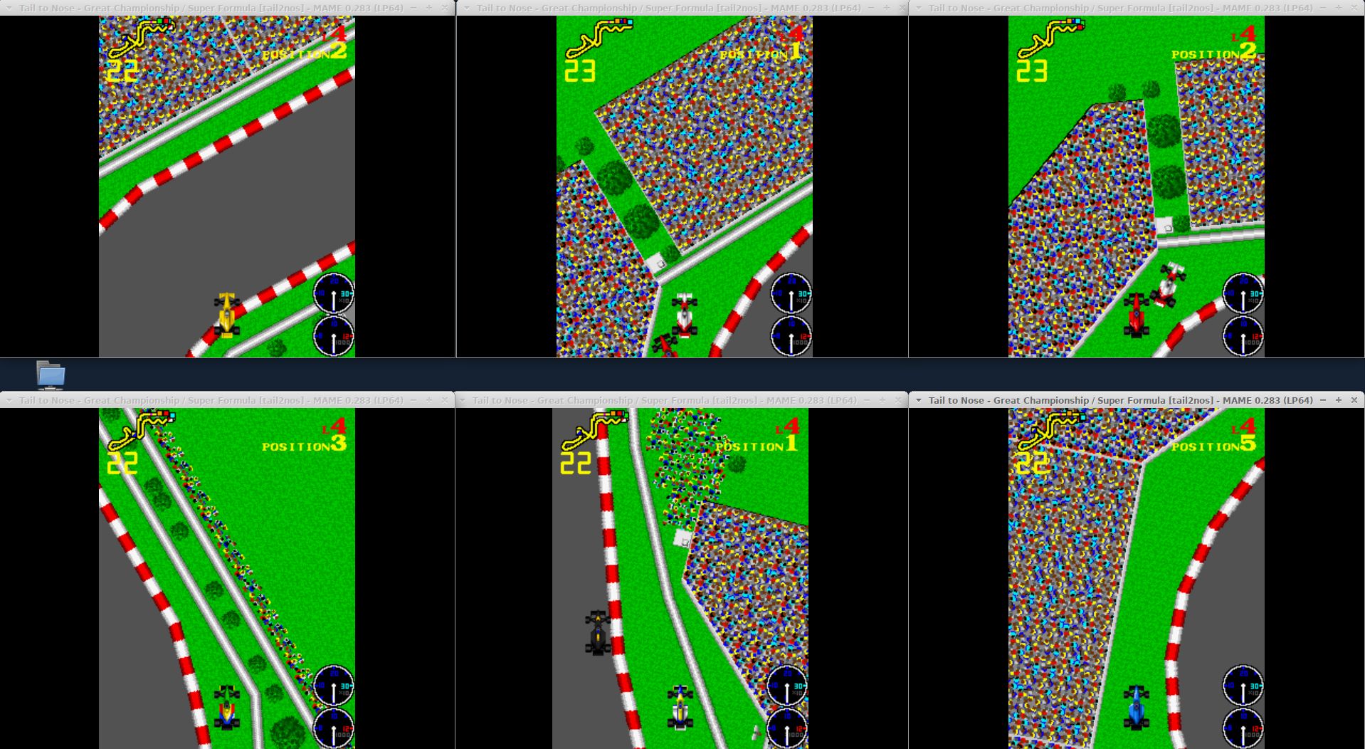 Il gioco Tail to Nose - Great Championship, emulato con sei istanze di MAME collegate fra di loro tramite seriale virtuale.