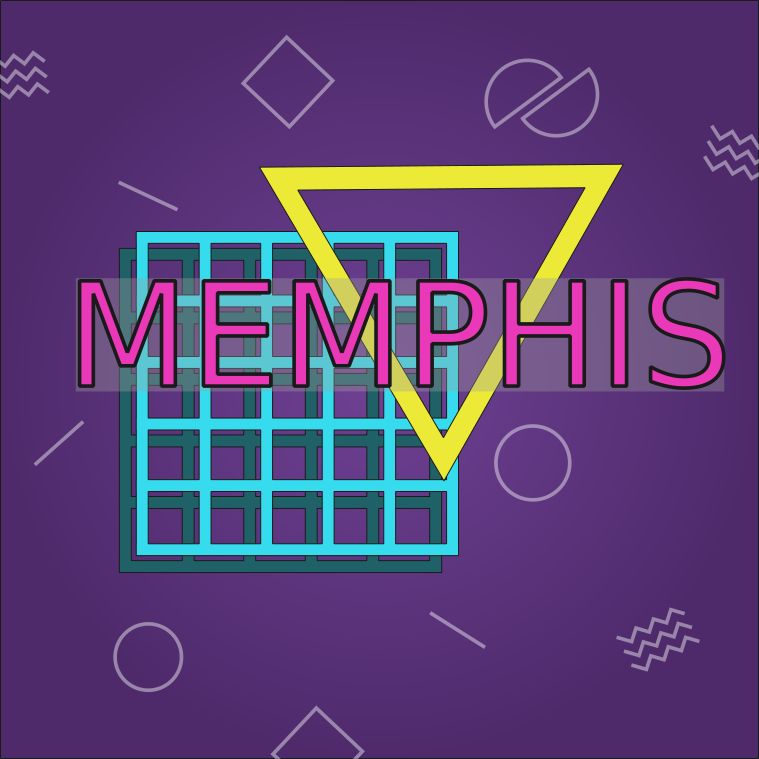 A 80s / Memphis Style image showing a yellow hollow triangle and a cian grid all behind a pink "Memphis" Text. some simple geometric forms floating around in the background.

This Stlye was very popular during the 80s and is retrospectively often use for anything related to this era. The name comes from the "Memphis" Design Group.