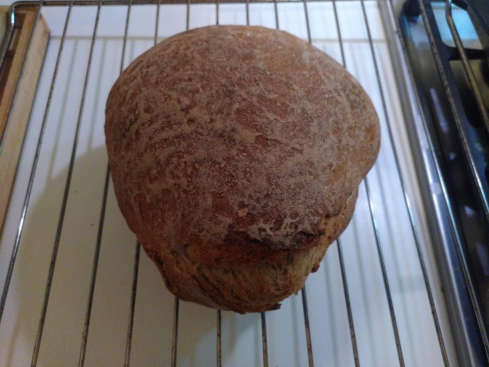 Una pagnotta di pane bella abbronzata su una griglia da forno. Sotto alla griglia c'è il piano bianco della cucina