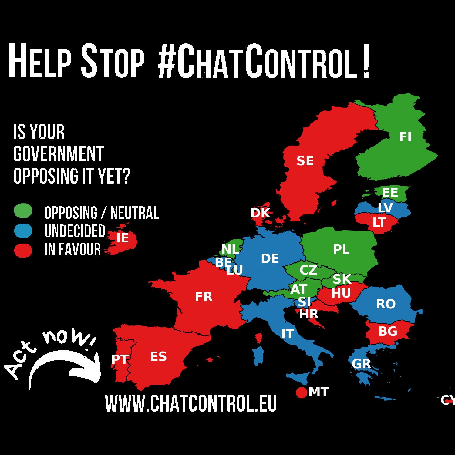 Eine Europakarte mit dem Titel „Help Stop #ChatControl!“ zeigt die Länder farblich nach der Haltung ihrer Regierung zur Chatkontrolle im Jahr 2025. Die Legende erklärt: Grün steht für „Dagegen“, Blau für „Unentschieden“ und Rot für „Dafür“.

Folgende Länder sind dafür (rot): Bulgarien, Dänemark, Frankreich, Irland, Italien, Kroatien, Litauen, Malta, Portugal, Schweden, Spanien, Ungarn und Zypern.

Folgende Länder sind dagegen (grün): Estland, Finnland, Luxemburg, Niederlande, Österreich, Polen, Slowakei und Tschechien.

Folgende Länder sind unentschieden (blau): Belgien, Deutschland, Griechenland, Lettland, Rumänien und Slowenien.

Am unteren Rand steht der Aufruf: „Act now! www.chatcontrol.eu“.