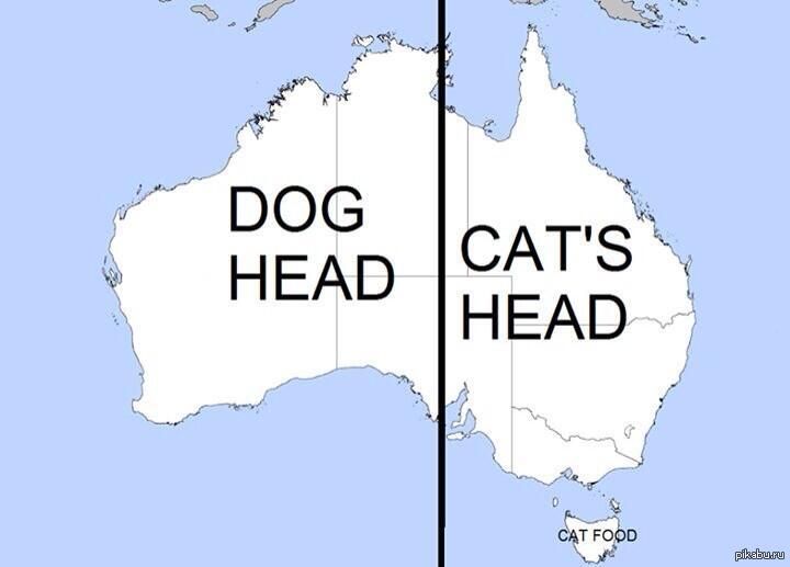 Map of Australia humorously divided in half vertically. The western side is labeled 'DOG HEAD' and the eastern side 'CAT'S HEAD', with Tasmania at the bottom labeled 'CAT FOOD'. The image plays on Australia's shape resembling animal profiles when split down the middle.