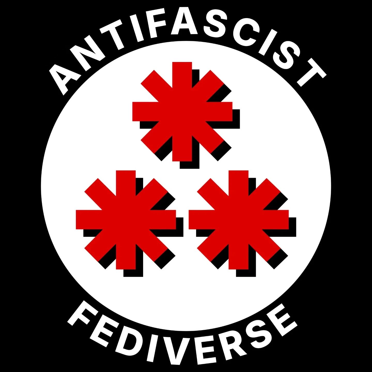 The the Fediverse symbol (⁂) in red, partially covering the same logo in black. Both are inside a white circle, enclosed in a black circular stripe. On the black circular stripe, the writing “AntiFascist Fediverse”, in capital letters.