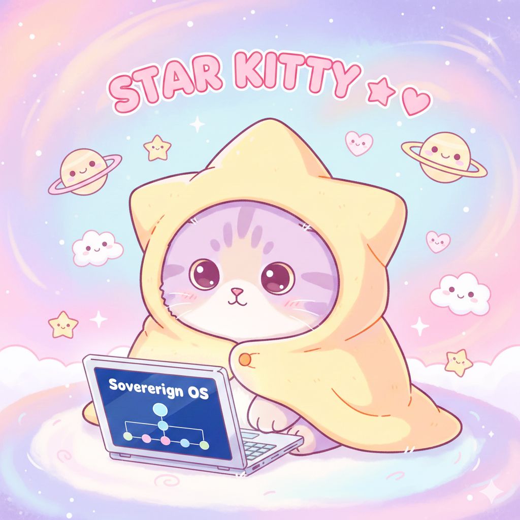 Kawaii illustration of Star Kitty, a plump Scottish Fold cat wearing a yellow star hood. The cat is working on a laptop displaying 'Sovereign OS' against a soft, pastel cosmic nebula background with smiling planets and clouds. The title 'STAR KITTY ☆♡' is at the top. Star Kitty is Crissy at tech.lgbt