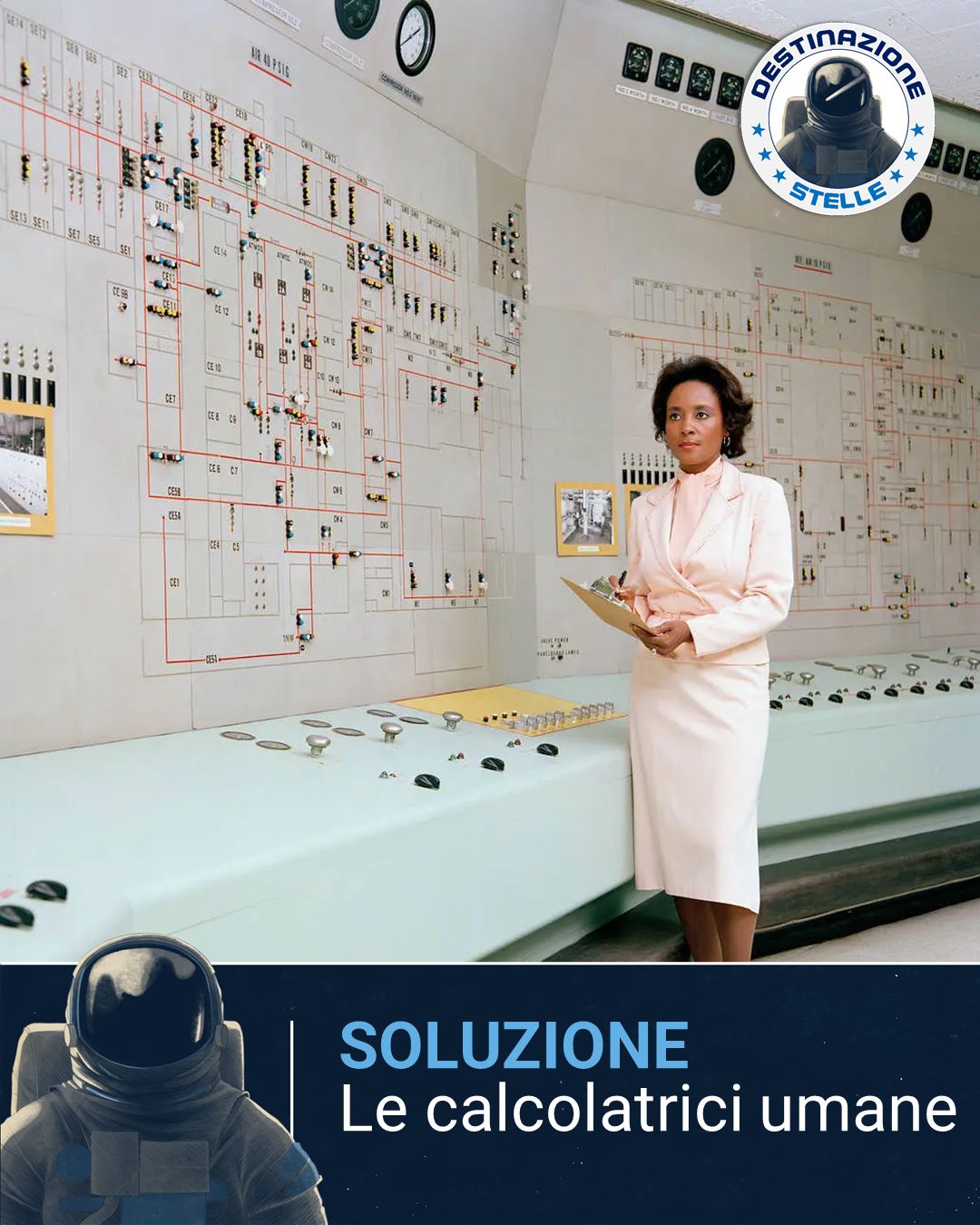 Fotografia di Annie Easley con la scritta "Soluzione - Le calcolatrici umane"