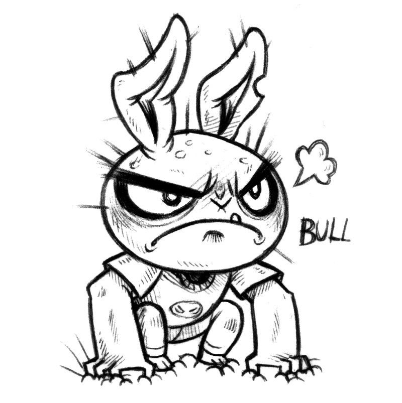 an ink drawing of a hairless humanoid rabbit named Bull, leaning forward on their thick arms, while crouched. Bull is frowning, with a single tooth poking out from behind their lips. 