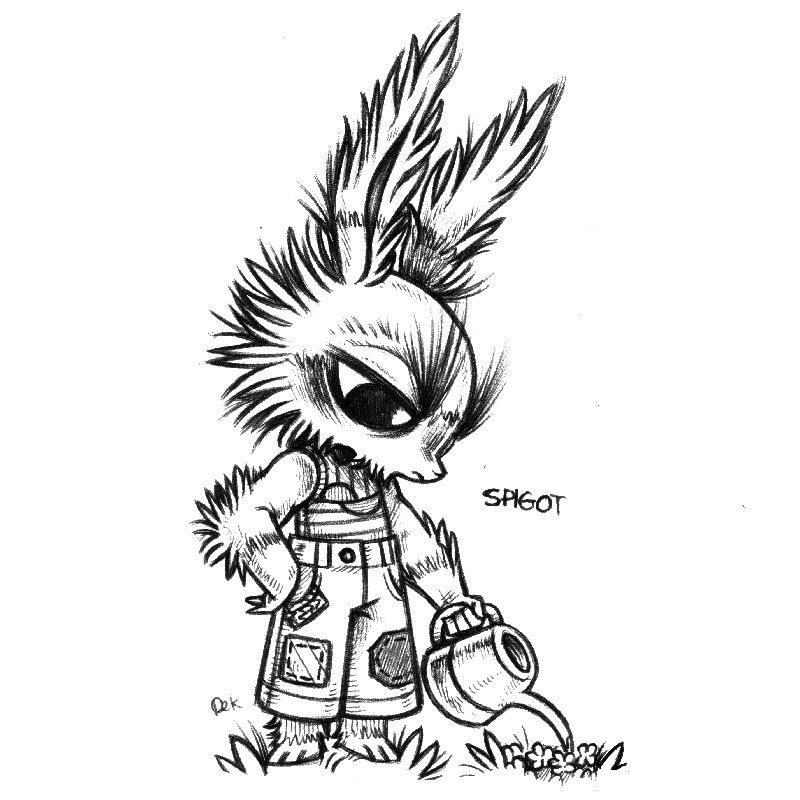 a drawing of a humanoid rabbit named Spigot, standing, while watering some plants. They are focused on their work. They are wearing baggy pants adorned with patches, and a sleeveless shirt with circle and line motifs. They have long vertical eyebrows, and a lot of wild hair on their cheeks and ears.
