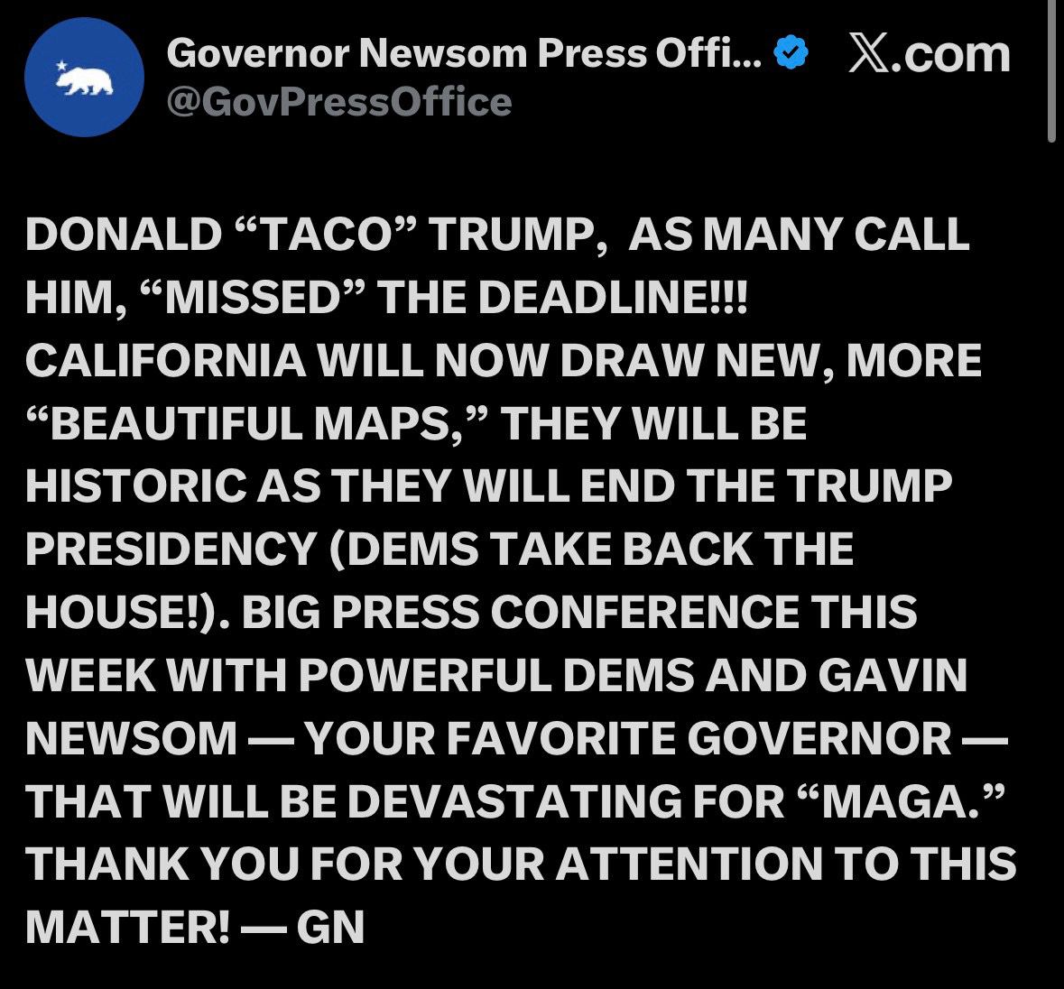 Text from Gavin Newsom trolling 47