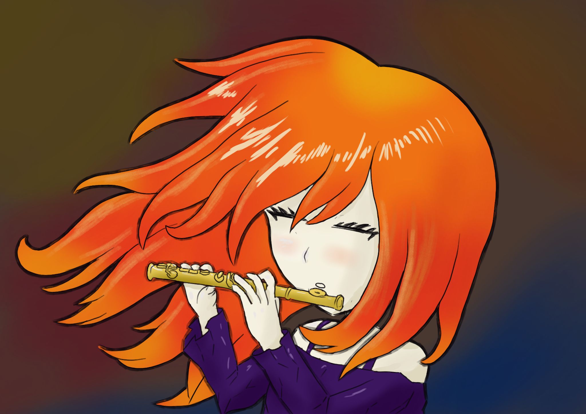 A girl with red firey hair playing the flute. Her hair is waving in the dance motions she is doing