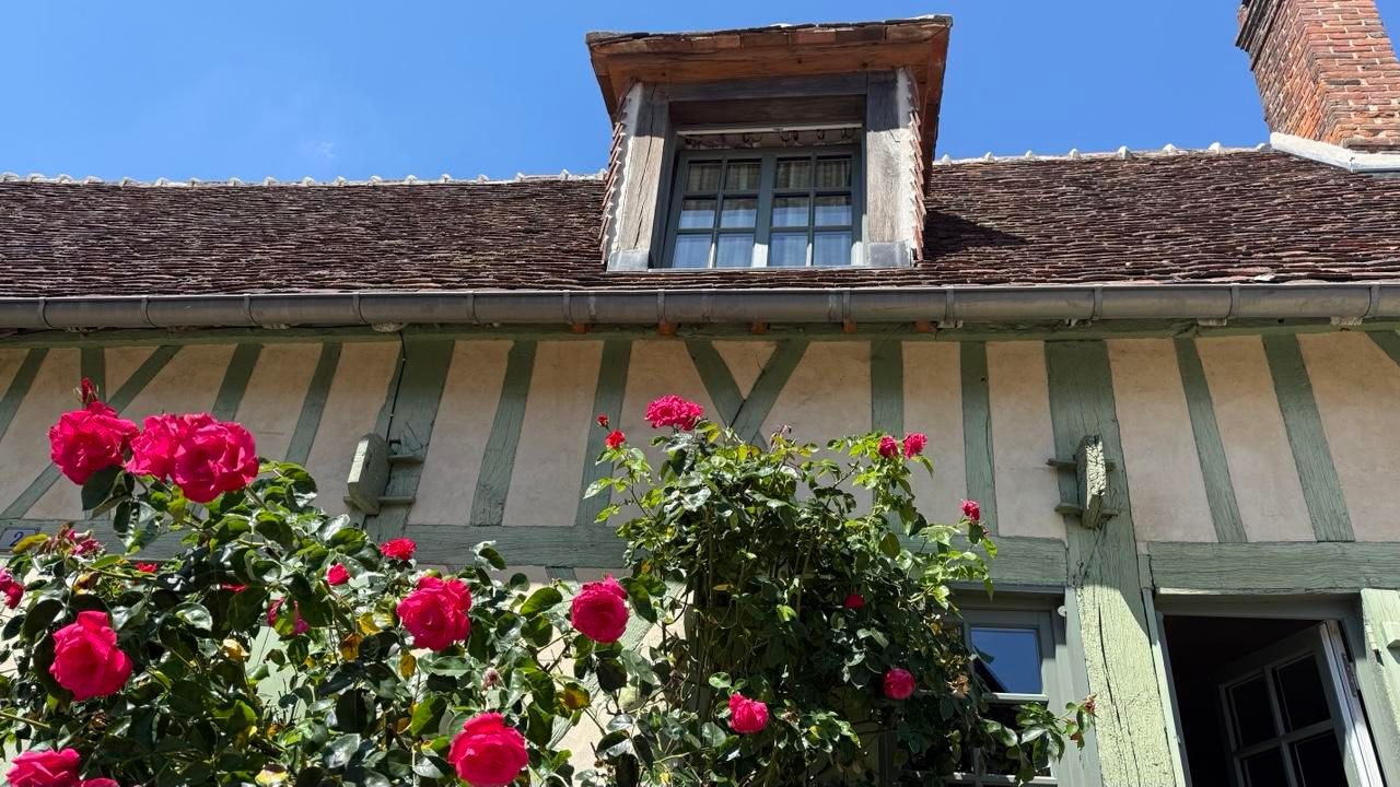 Reddish-pink roses climb up the walls of a French chateau. The chateau is half timbered and painted in teal and cream 