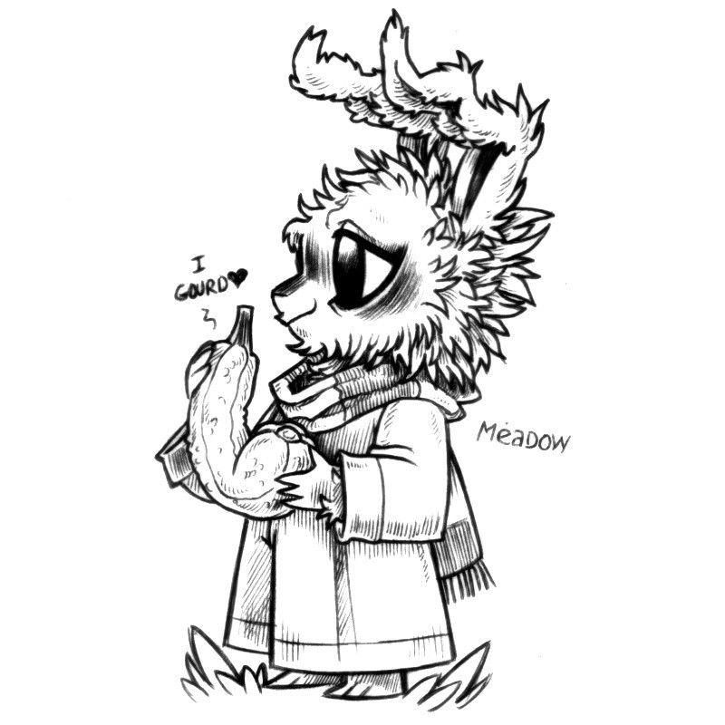 A drawing of a humanoid rabbit holding a gourd. The rabbit is wearing loose clothes, a long scarf, they have tufts of hair on their head, ears and cheeks. They are smiling while looking ahead. The gourd says, "I gourd" followed by a heart.