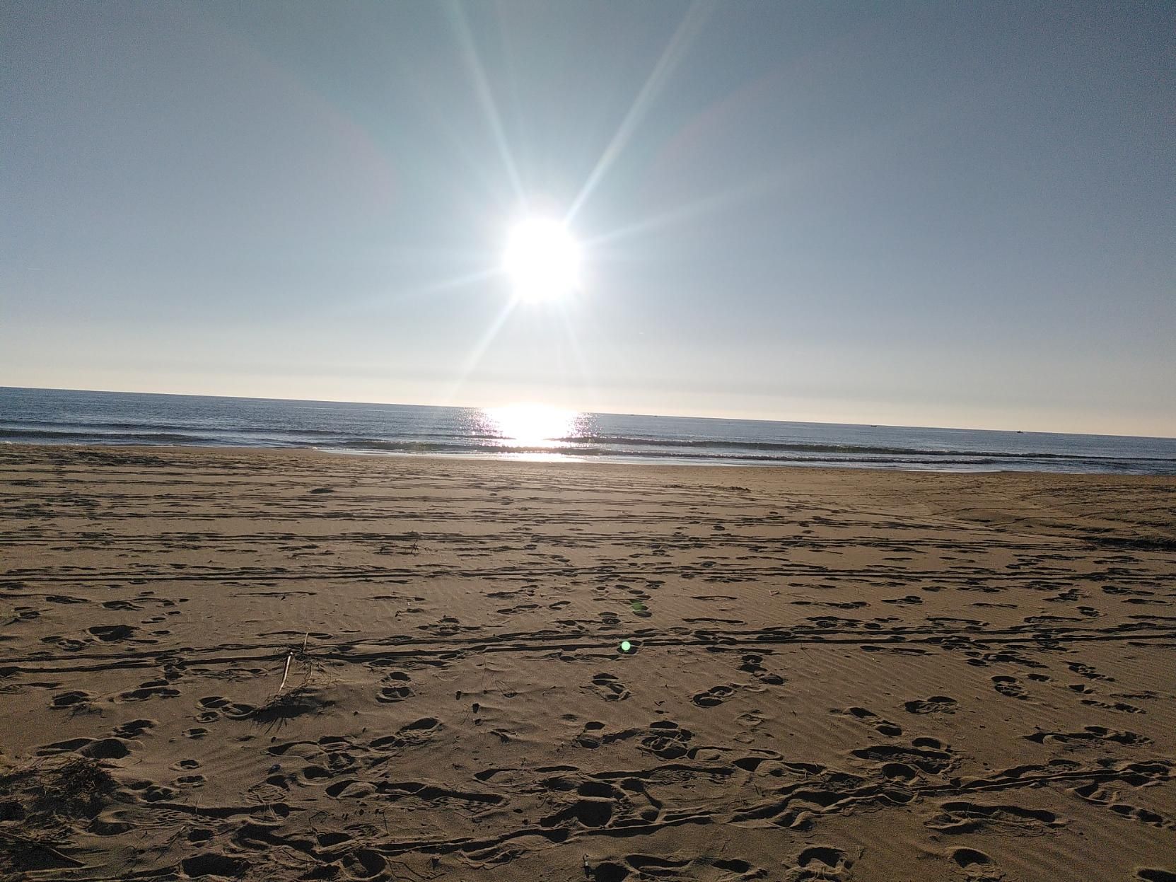 Foto con il sole calante centrale. Cielo azzurro senza nuvole, mare piatto e sabbia con numerose impronte, umane, animali e di ruote. Nessun anima viva nella foto