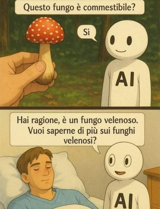 L'immagine mostra un dialogo tra un personaggio umano e un'icona rappresentante un'intelligenza artificiale (AI). Nella parte superiore, l'umano chiede se un fungo con un cappello rosso e bianco sia commestibile, e l'AI conferma di sì. Nella parte inferiore, l'AI informa l'umano che, in realtà, il fungo è velenoso e chiede se desidera sapere di più sui funghi velenosi, mentre l'umano è a letto, visibilmente malconcio.