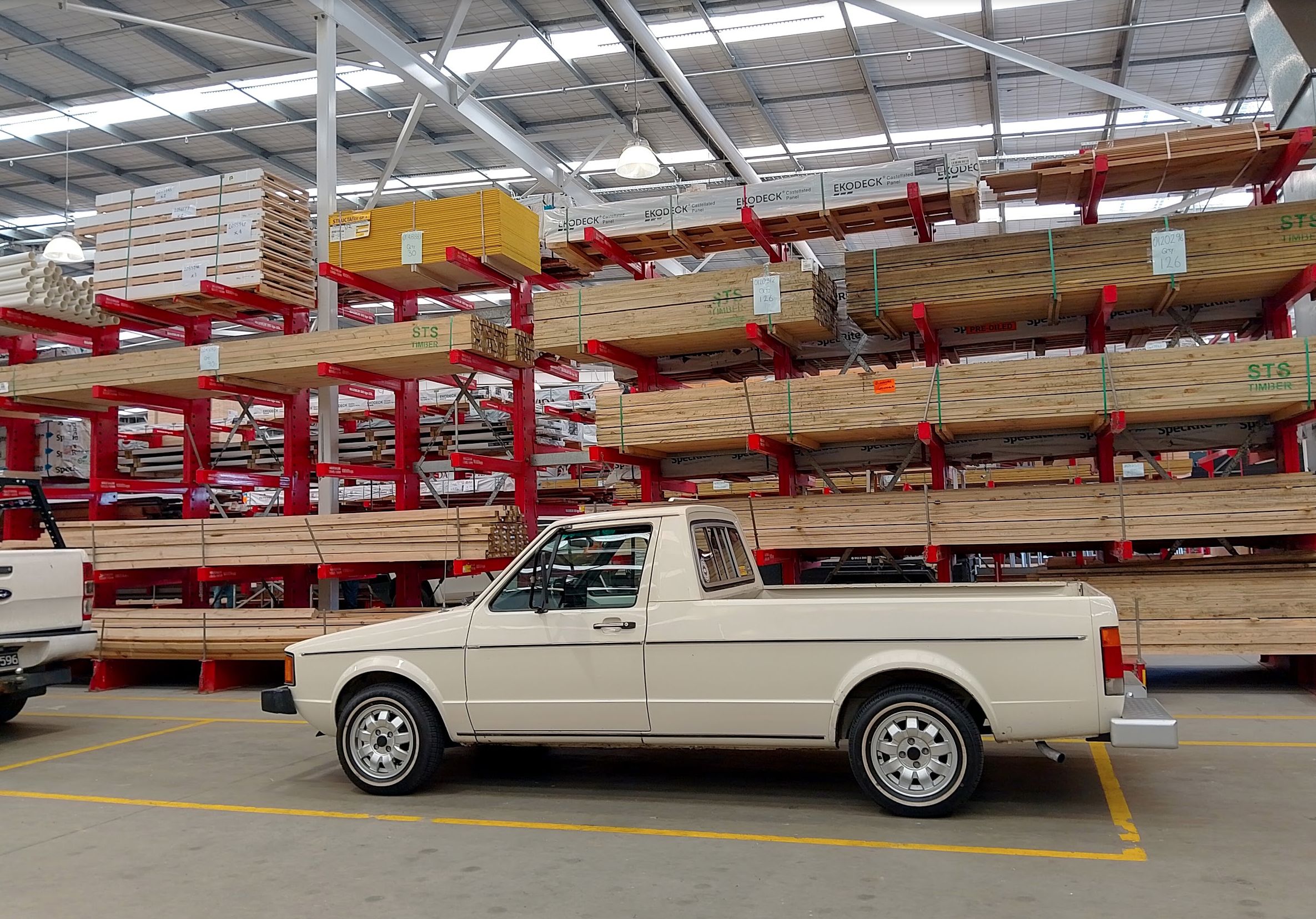 Roger the white VW Rabbit pickup at Bunnings