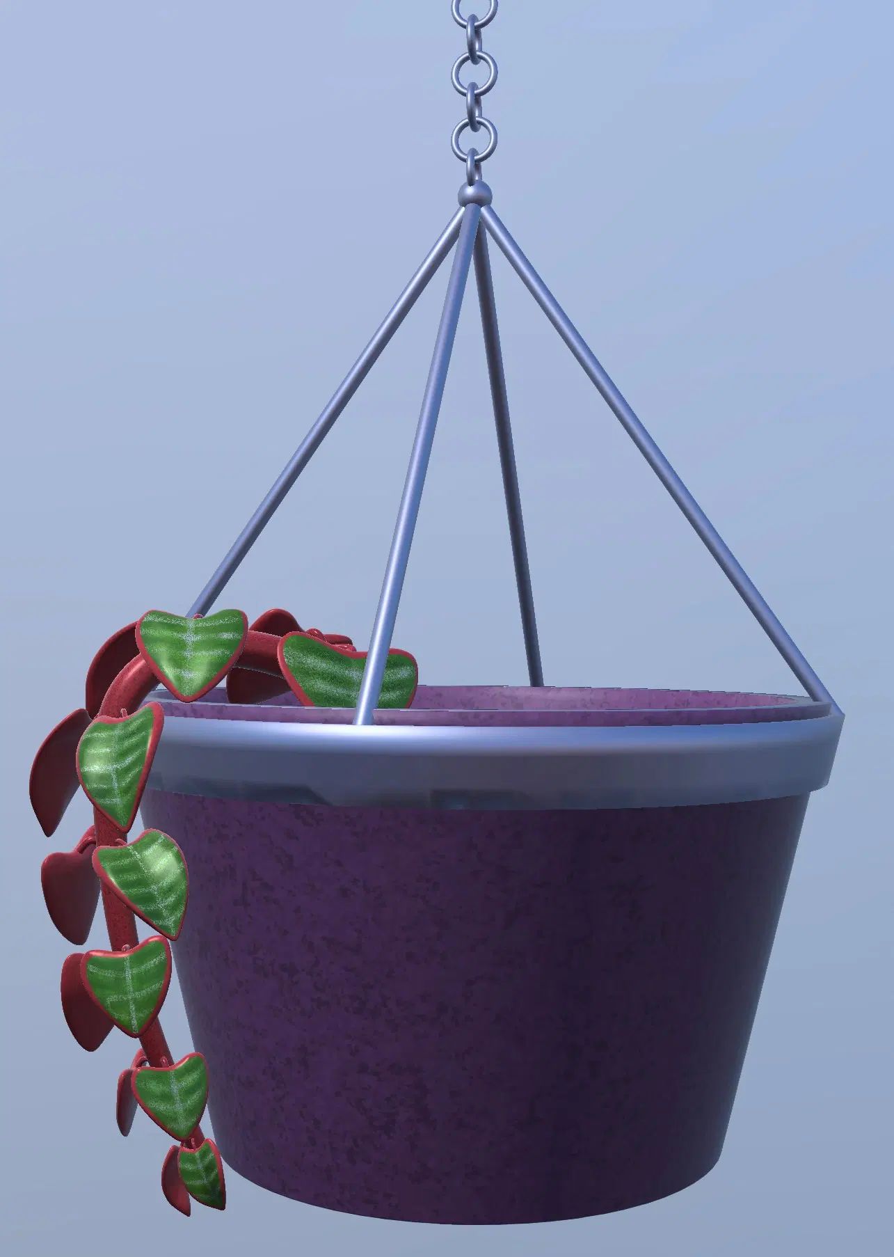 A ceropegia woodii plant hanging in a purple pot. The glossy green and red leaves of the plant hang down in one short vine, it has a long way to be fully grown. Created, painted, and rendered on iPad.