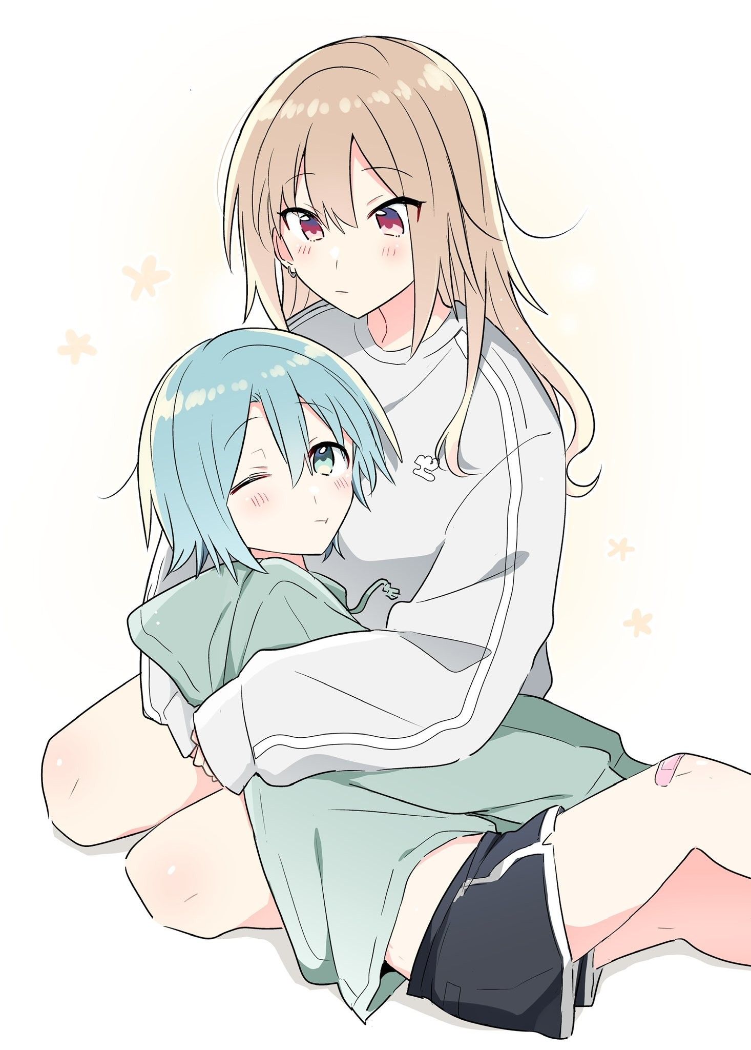 Danbooru tags: 2girls bandaid bandaid_on_knee bandaid_on_leg black_shorts blue_eyes blue_hair blush brown_hair closed_mouth commentary_request dolphin_shorts doushitara_osananajimi_no_kanojo_ni_naremasu_ka!? earrings green_hoodie head_on_chest highres hood hoodie hug ikoma_minami_(osakano) jewelry lap_pillow long_hair long_sleeves makita_yuzu multiple_girls one_eye_closed pink_eyes pout short_hair shorts sleeves_past_wrists star_(symbol) sweater two-tone_background white_background white_sweater yasaka_syu yellow_background yuri