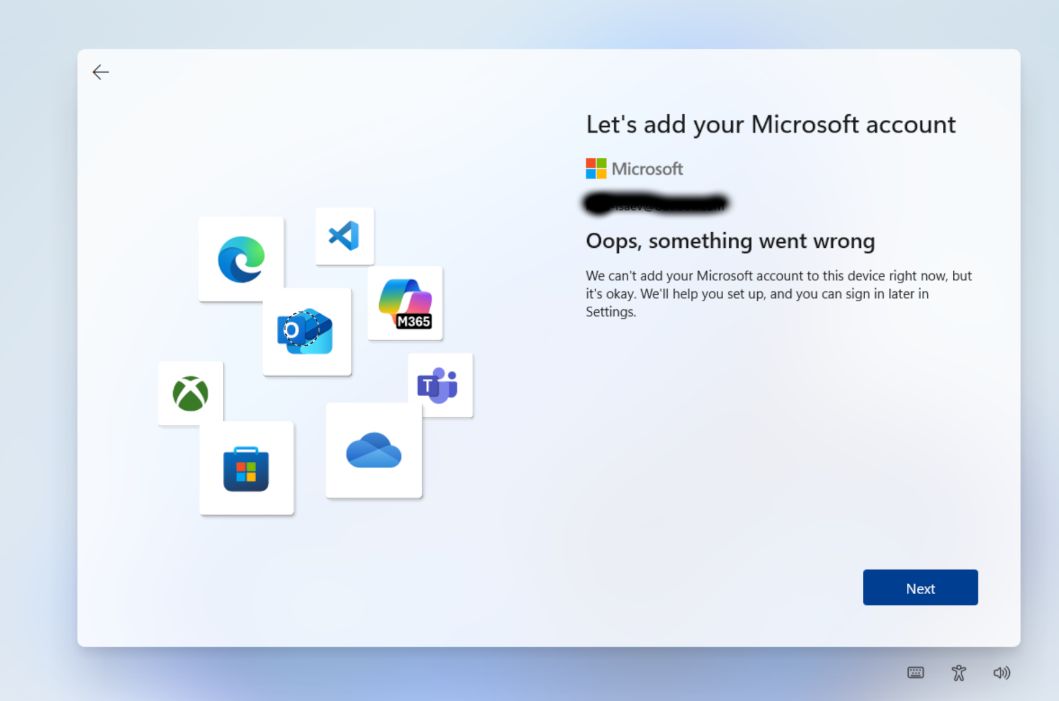 Screen with error about inability to create microsoft account during windows installation. I don't mind this unexpected turn, though.