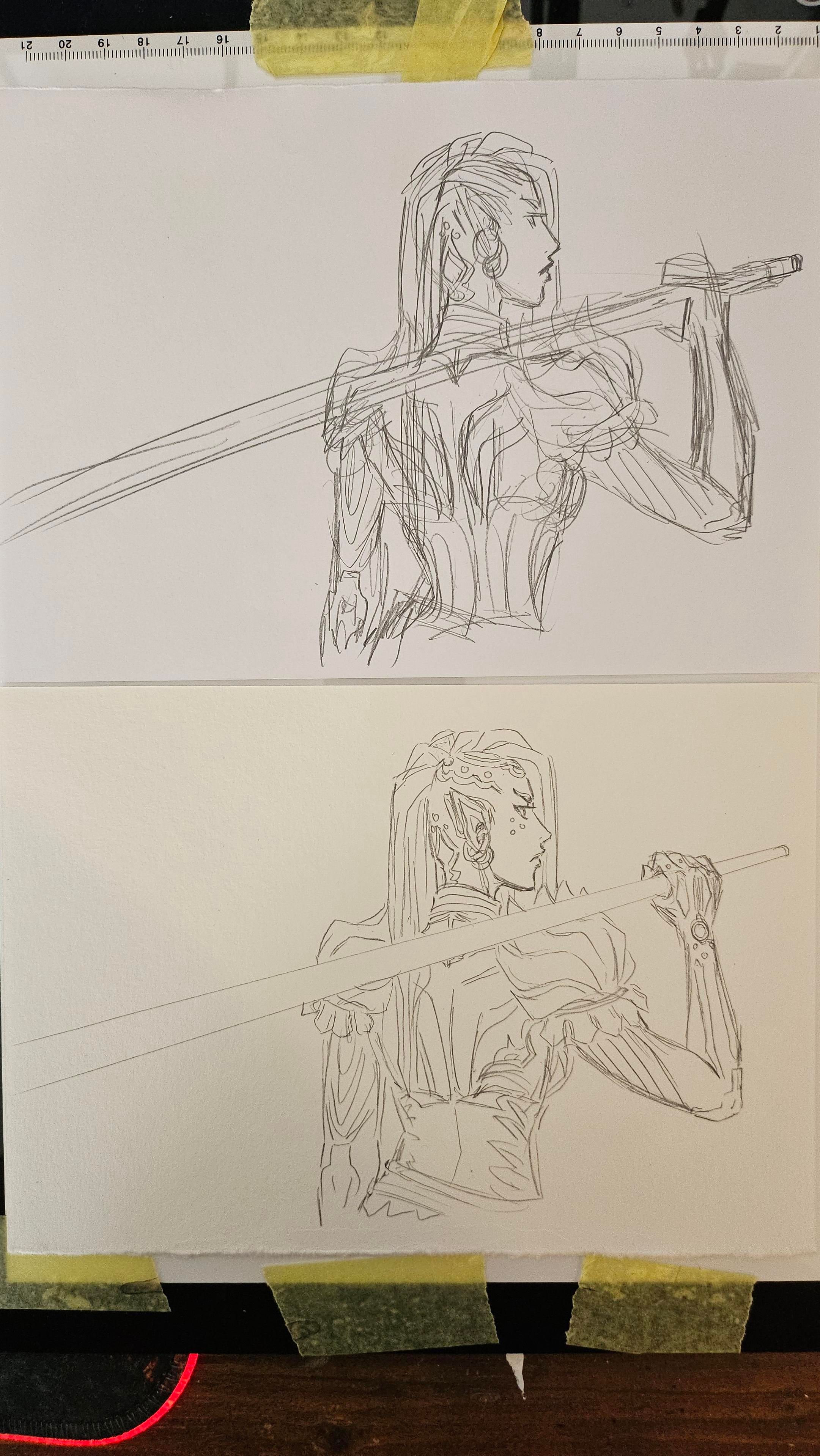 A rough sketch next to a pencil of the space elf, showing the progress 