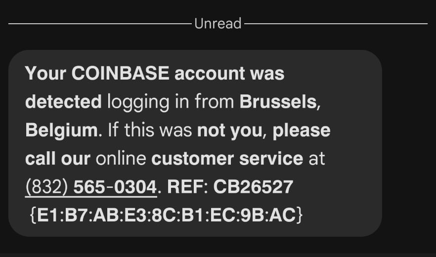 A screenshot of a text message saying my queen bee's account was detected logging in from Brussels