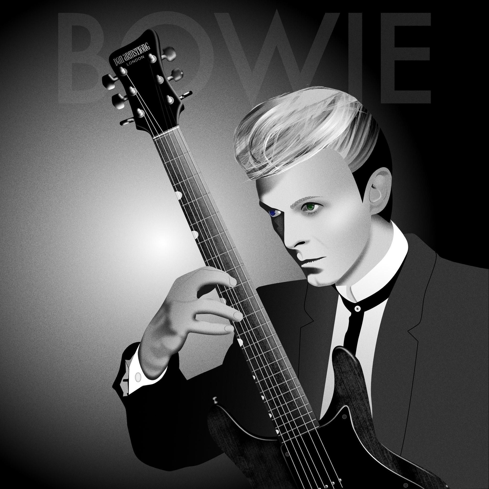 Black and White illustration of Bowie holding a guitar from Dan Armstrong in London. 