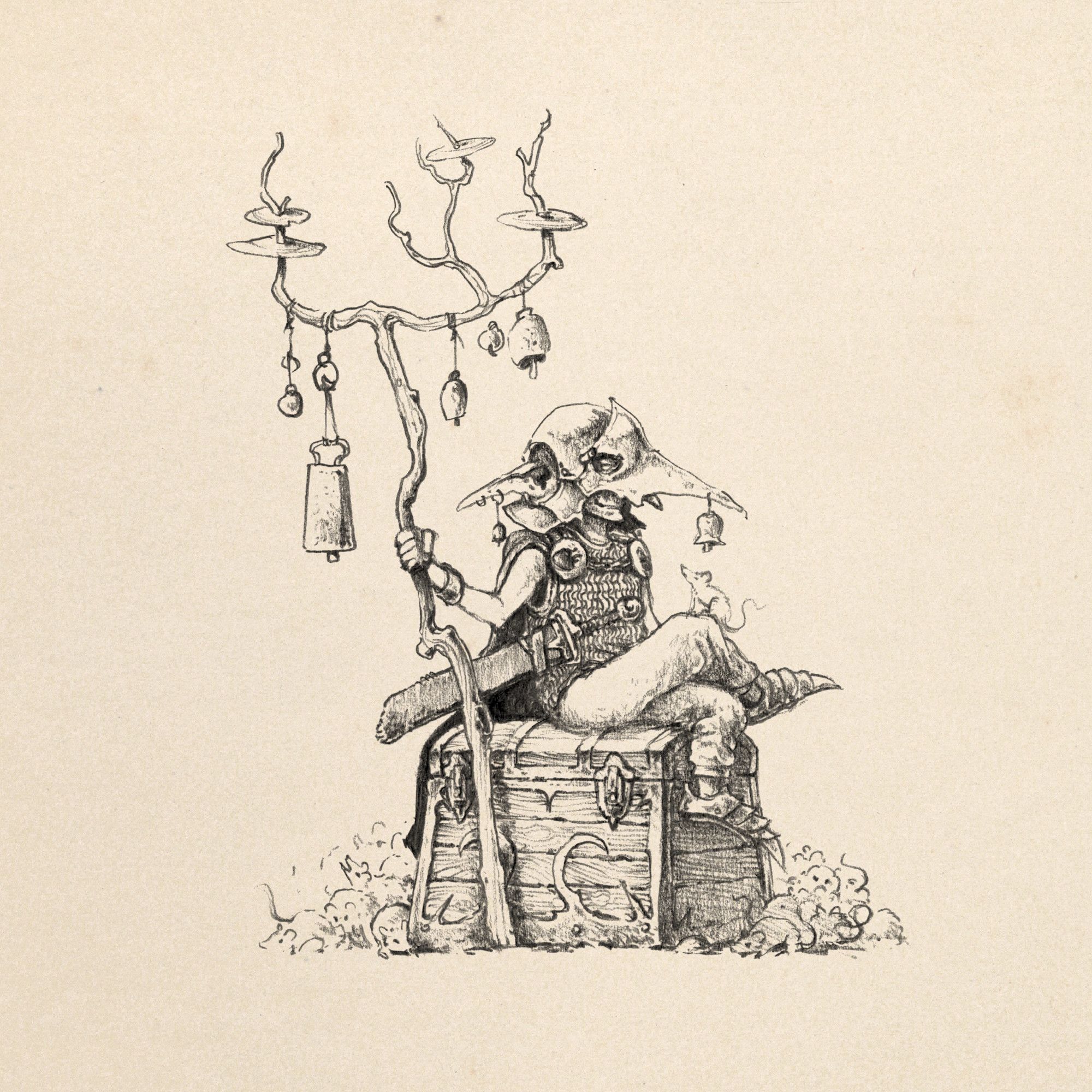 pencil drawing of a goblin sitting on a big wooden chest, wearing a helmet, chainmail and some greeves. She holds a big sticks with plenty of bells hanging from it, around the chest a small horde of rats is swarming