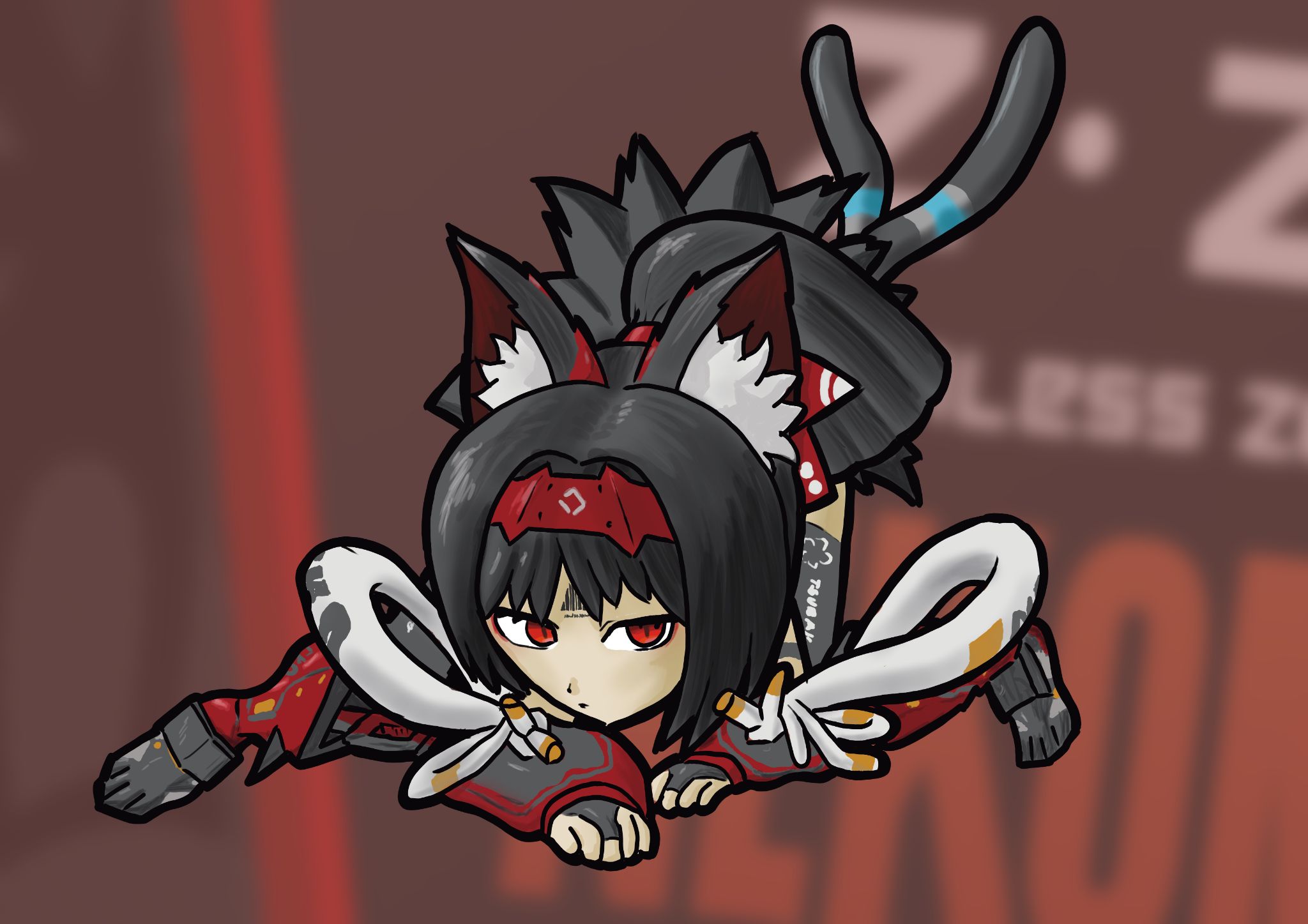 Colourized Illustration of the cat girl nekomiya mana from zenless zone zero. she is reading herself up on all fours for jumping on the enemies