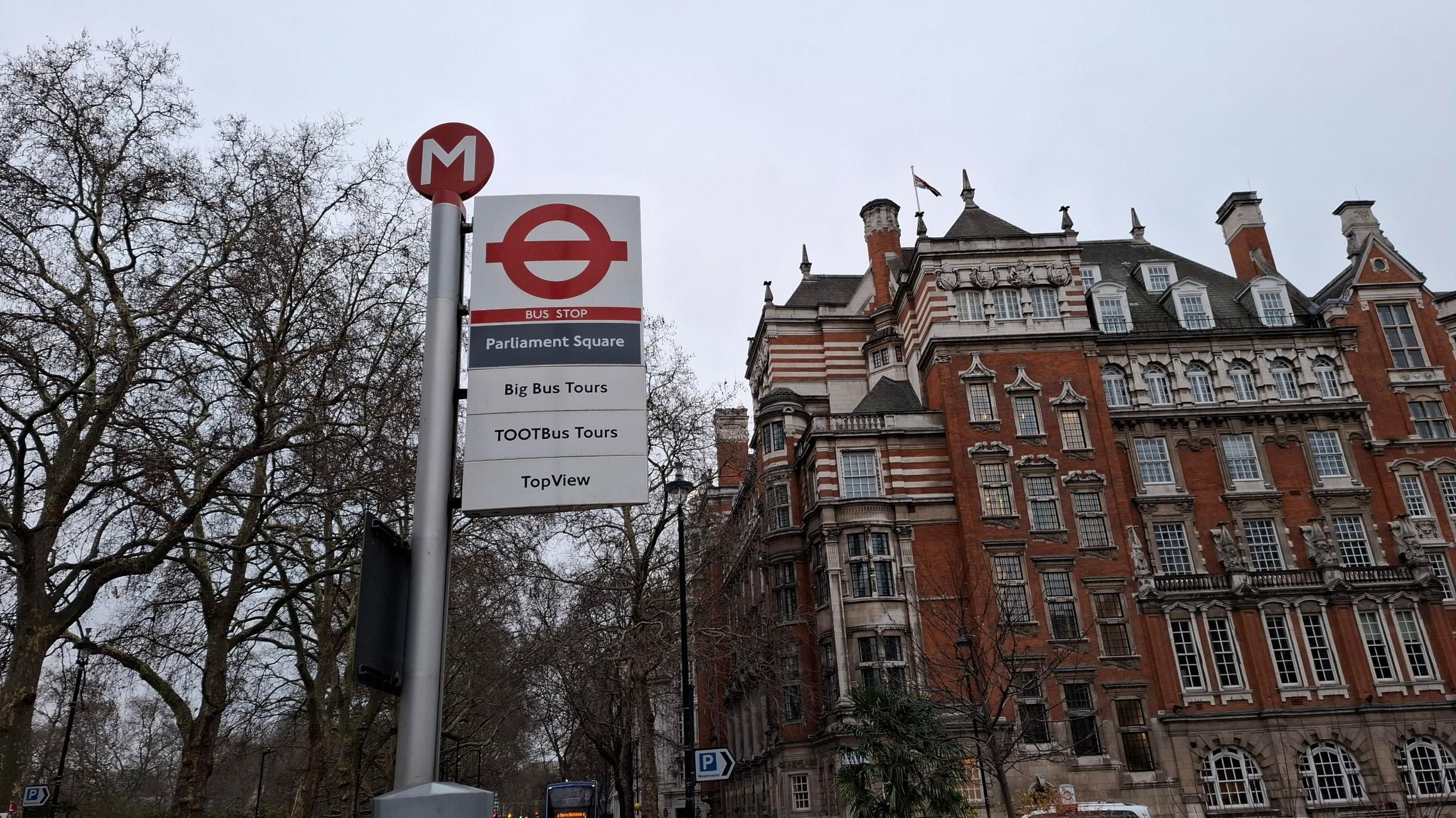 Street scene, London. Overcast sky, bare trees to the left, an ornate old building to the right. Looking up at sign on top.of bus stop. It says: Bus stop Parliament Square 
Big Bus Tours 
TOOTBus Tours