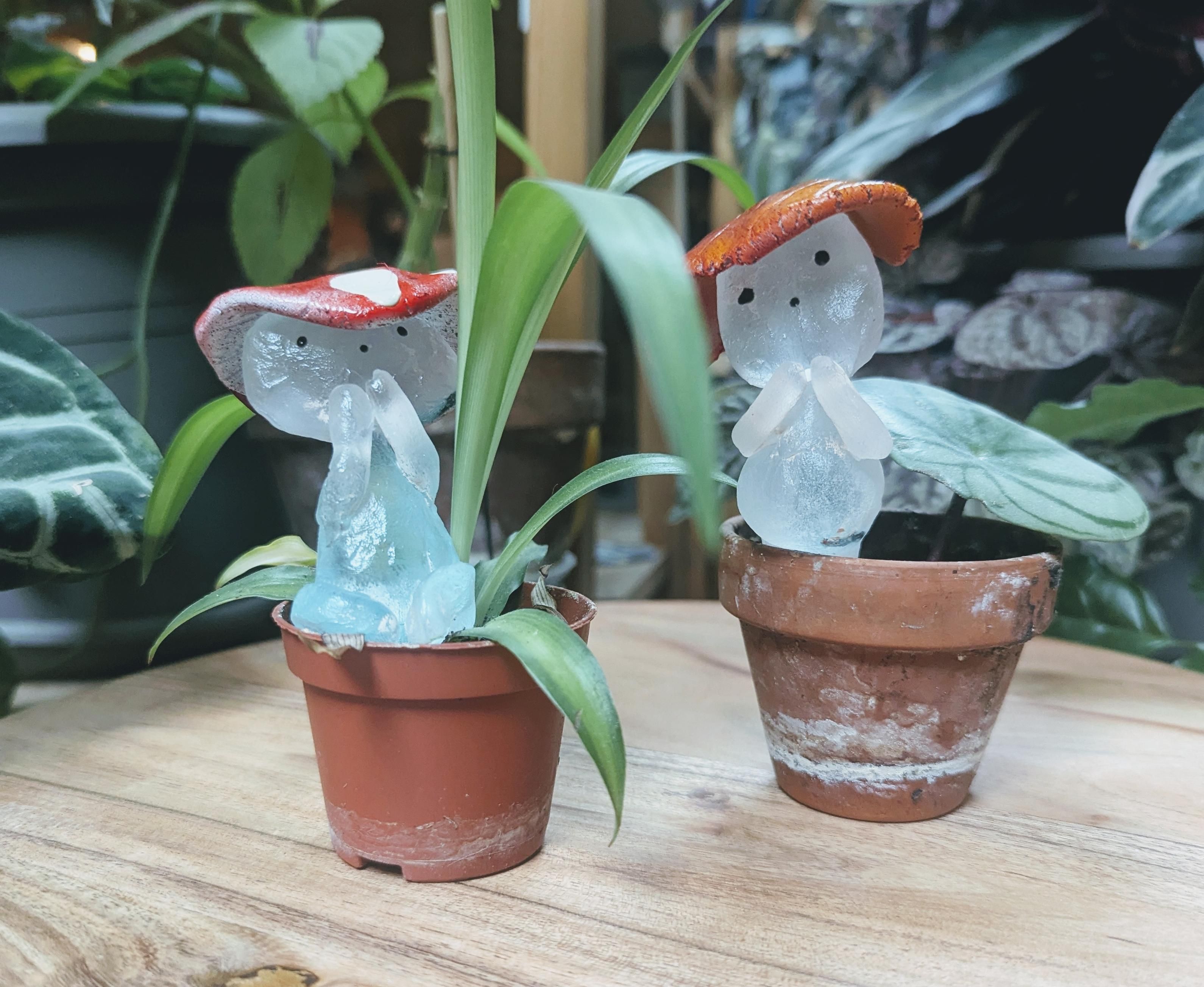 2 petits bonhommes en verre dans des pots de fleur, ils ont des chapeau en forme de champignon rouge a point banc et l’autre une feuille morte