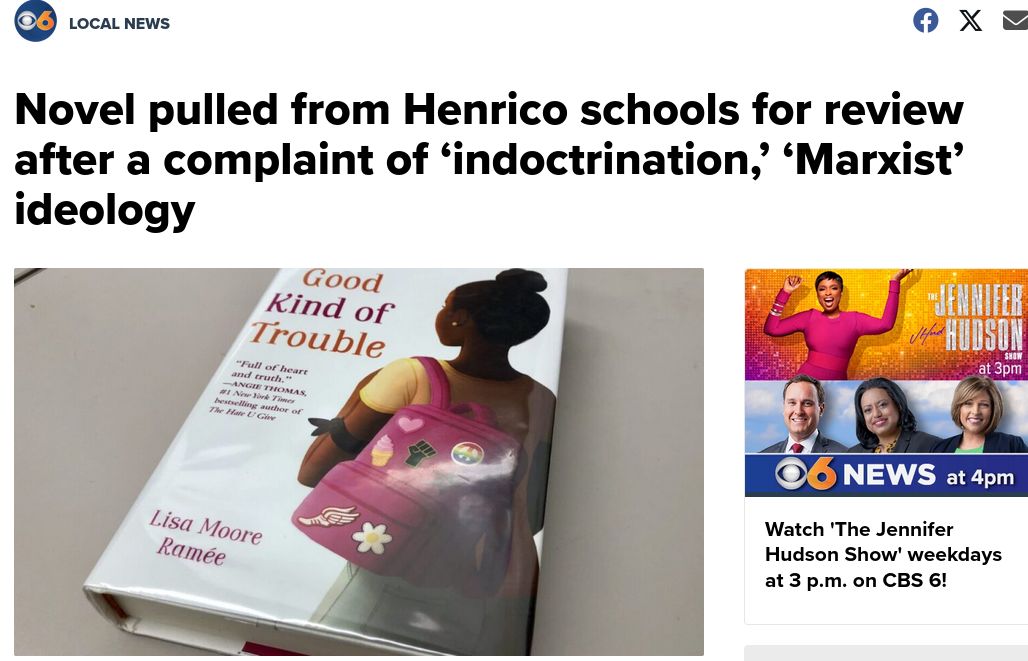 WTVR: Novel pulled from Henrico schools for review after a complaint of ‘indoctrination,’ ‘Marxist’ ideology
