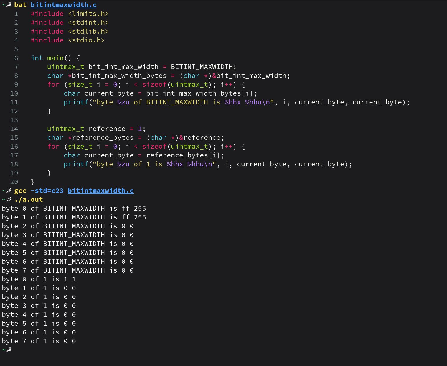 C program is shown that prints the bytes of the BITINT_MAXWIDTH macro in a uintmax_t variable, and then prints the bytes of the number 1 in a uintmax_t variable, each in decimal and hex
That program is compiled with GCC and then run, which shows BITINT_MAXWIDTH has a value of 65535 (hex 0xffff)