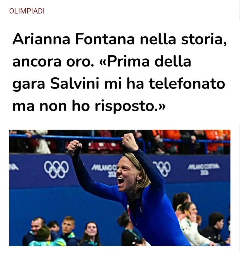 OLIMPIADI
Arianna Fontana nella storia, ancora oro. «Prima della gara Salvini mi ha telefonato ma non ho risposto.»

Foto dell'atleta che esulta
