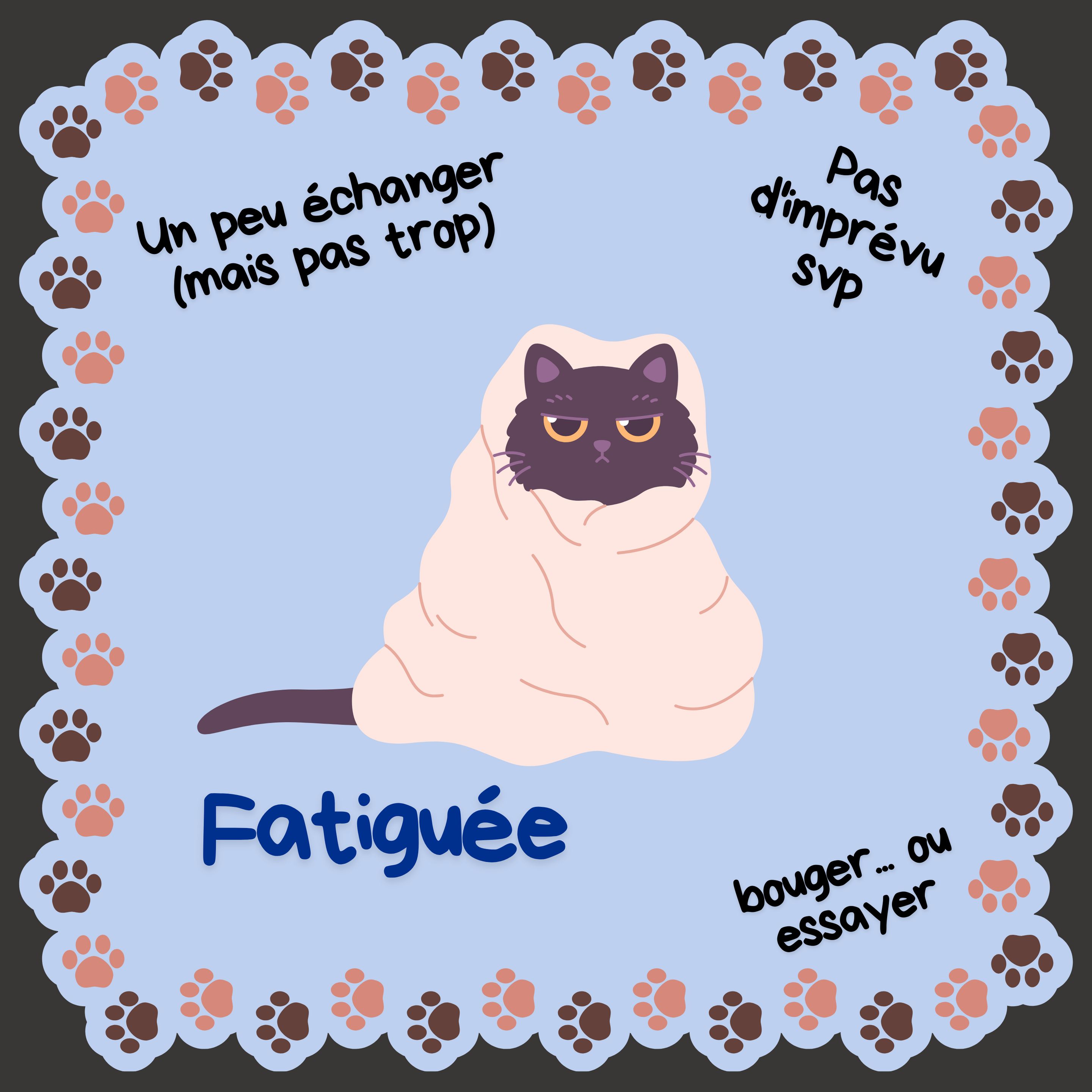 Illustration fatiguée : un chat fait la tronche dans un plaid. Autour, les phrases un peu échanger mais pas trop, bouger ou essayer, pas d'imprévu svp. Une bordure en traces de pattes autour.