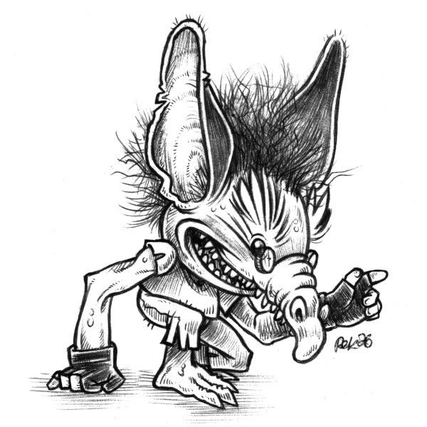 An ink drawing of an elderly goblin-like creature, with tiny eyes, a droopy snout, small eye glasses and very light and dishevelled hair.