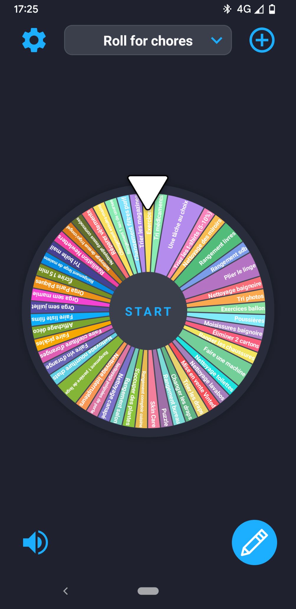 Capture d'écran montrant l'appli. On voit une roue de type "roue de la fortune" avec environ 40 entrées colorées portant diverses tâches.
Un gros bouton START est au milieu de la roue.