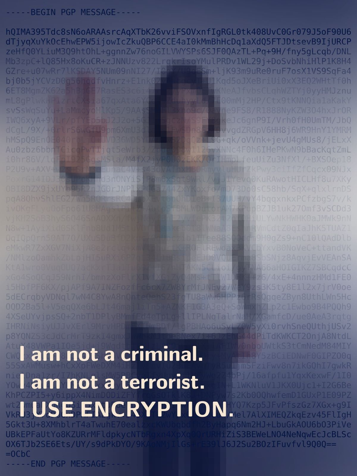 My modified photo. Woman in grey hoodie and black trousers, with right hand up and close to camera, is blurred. Top and bottom parts of the image are covered with added dark blue shadow. Whole picture is covered with semi-transparent Base64 PGP message. There is pale yellow text near bottom part: "I am not a criminal. I am not a terrorist. I USE ENCRYPTION."