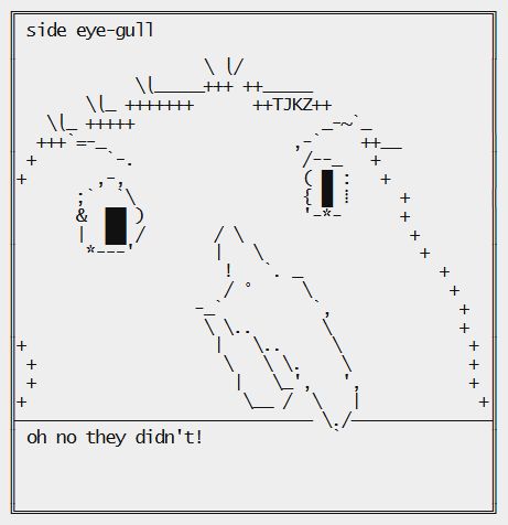 An ascii art image of a seagul looking sideways and the captions on the image in the frame:

side eye-gull

oh no they didn't!