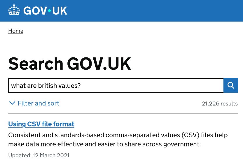The gov.uk website with a search bar with the text "what are british values", and the first of 21,226 results is "Using CVS file format".