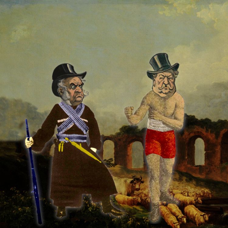 A Roman ruin. In the foreground are two figures: a guerrilla fighter with a rifle and crossed bandoliers and a boxer in trunks and sash, fists raised. Both figures' heads have been replaced with tophatted caricatures of millionaires from Gilded Age editorial cartoons.