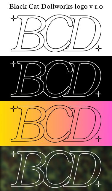 Image demonstrating a simple logo for Black Cat Dollworks v 1.0
the text is the letters BCD, oblique, with negative kerning so the letters intersect. The type is not filled, only stroke outlined, and the segments where the B intersects the C makes it appear on top, though it is transparent. this pattern repeats with the C and D. In the upper left and lower right corners of the logo there is a plus-like star shape with curved inner corners.