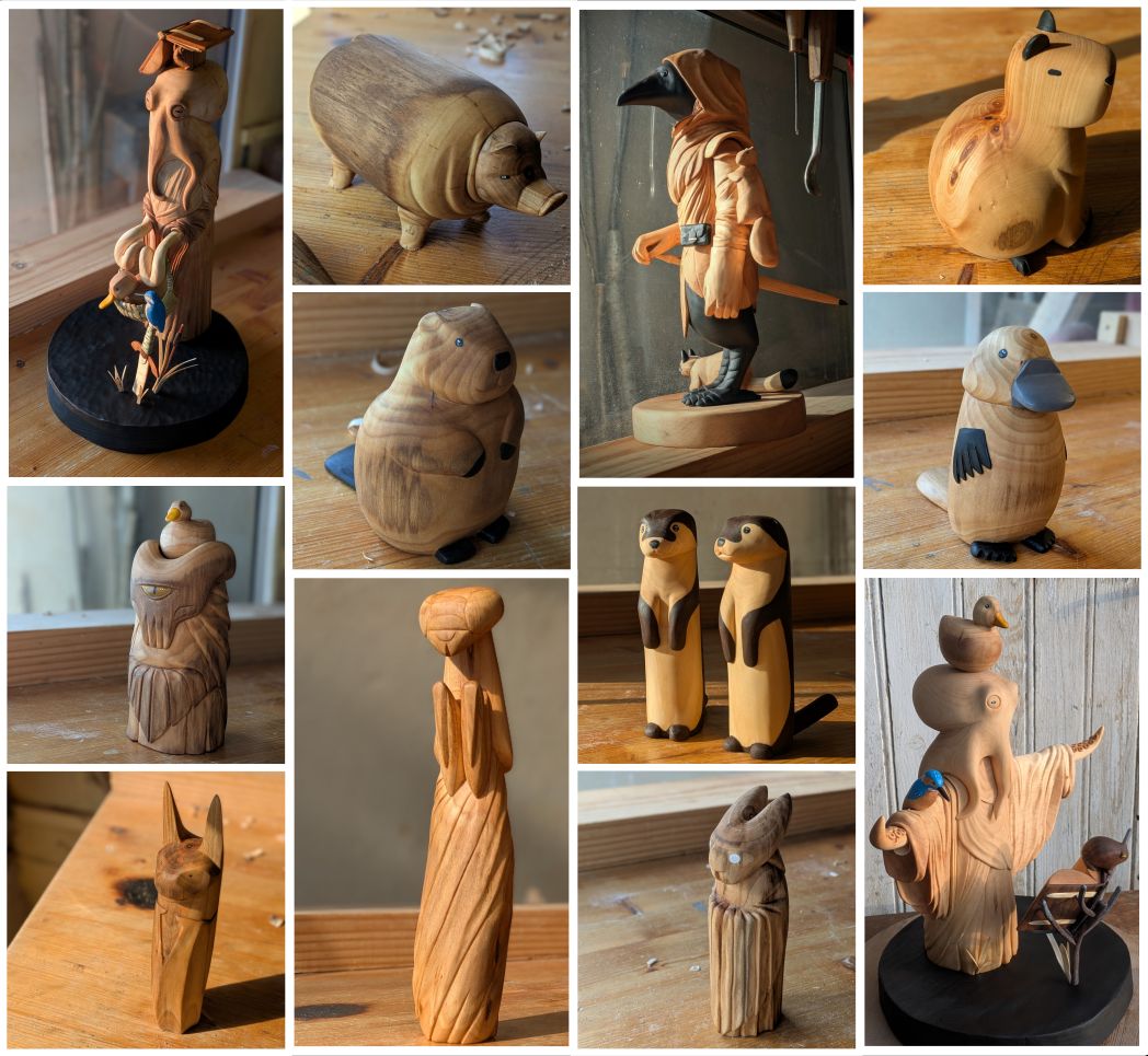 Several photos of woodcarved sculpture
- An humanoid octopus holding a basket with a duck, a frog on its head hiding under a book, a sword with a kingfisher
- A long and plum hog
- An humanoid crow wearing a hood, a squirrel on its shoulder, a cat beside its feets
- A round capybara
- A monster with horns, tentacles as a mouth, a dress, a duck on its head
- A bat like creature
- A plump beaver
- An humanoid praying mantis wearing a dress
- Two standing up otters
- A creature with horns and white eyes wearing a tunic
- A standing up platypus
- Same humanoid octopus than befors but arms wide open, in front of a book held by branches. On the book, a frog. On it's right arm, a kingfisher, and a duck on the top of its head.