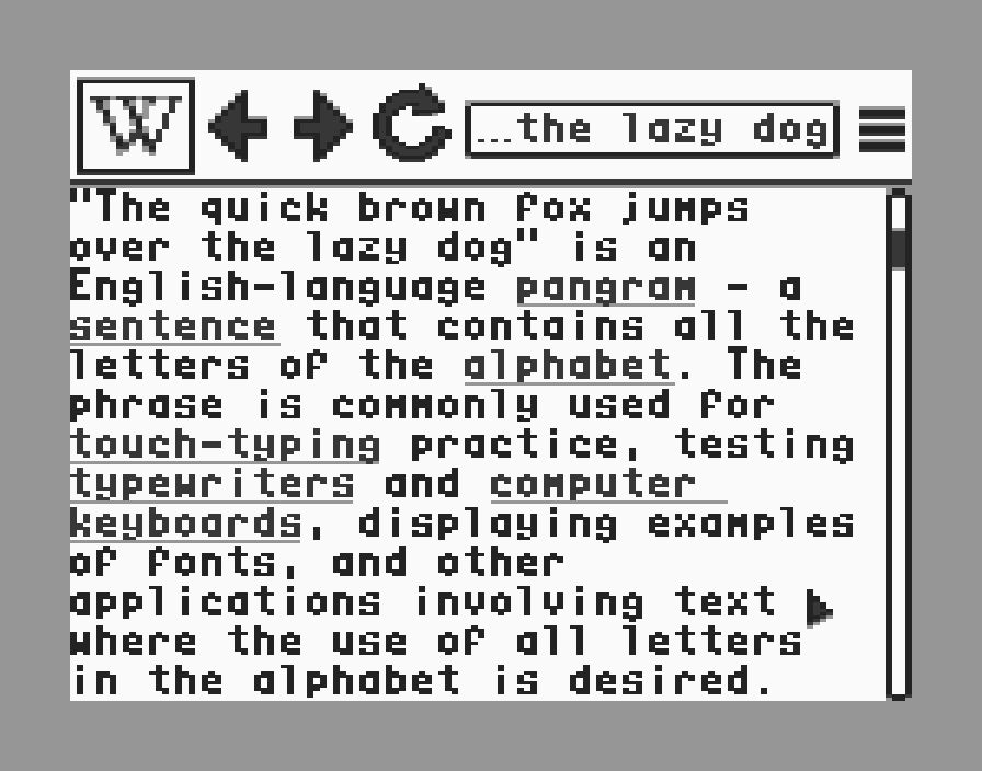 The same mock-up screenshot of Wikipedia browser, but pixel-perfect. The browser shows the text of the "the quick brown fox" pangram page:

"The quick brown fox jumps over the lazy dog" is an English-language pangram – a sentence that contains all the letters of the alphabet. The phrase is commonly used for touch-typing practice, testing typewriters and computer keyboards, displaying examples of fonts, and other applications involving text where the use of all letters in the alphabet is desired. 