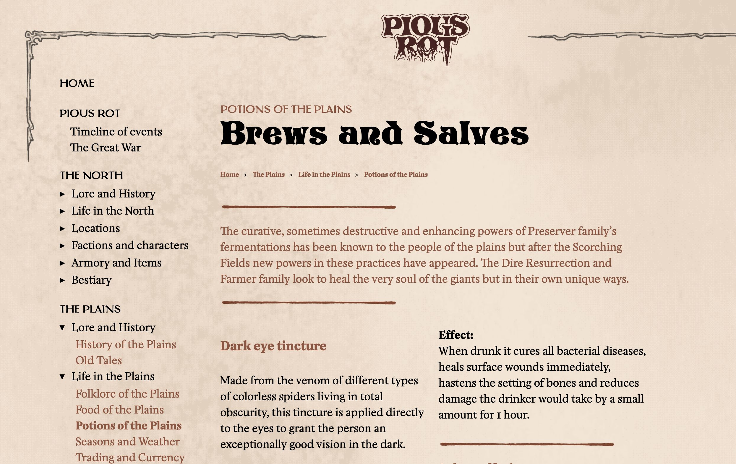 screenshot of the pious rot website showing the "potions of the plains" page with different types of brews and salves. On the left is a large navigation menu listing different areas of the world and sub categories such as "lore and history", "life in the north", "armory and items", etc.