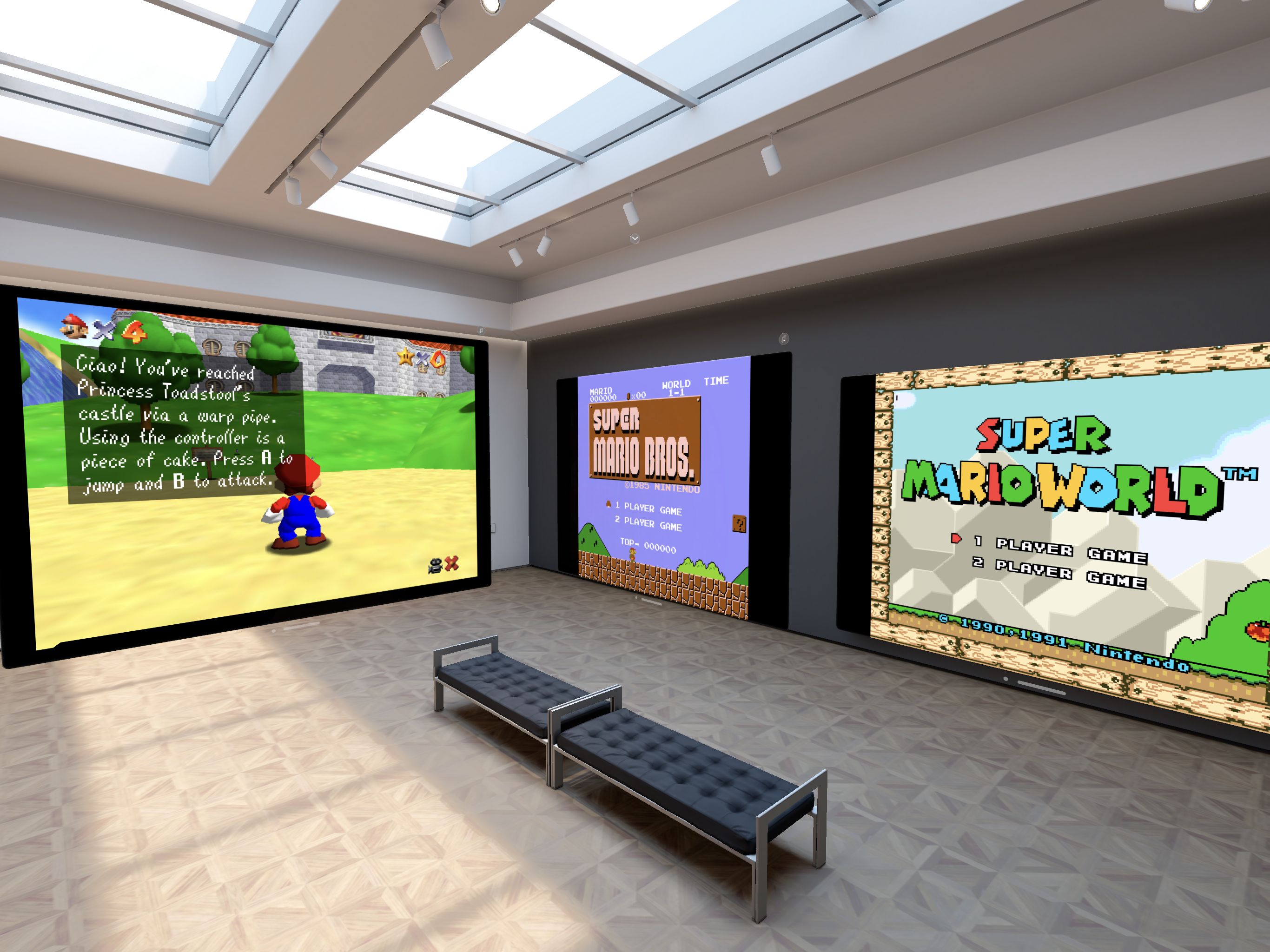 Vision Pro simulator screenshot showing 3 virtual screens placed in the museum environment, playing Super Mario 64, Super Mario Bros, and Super Mario World
