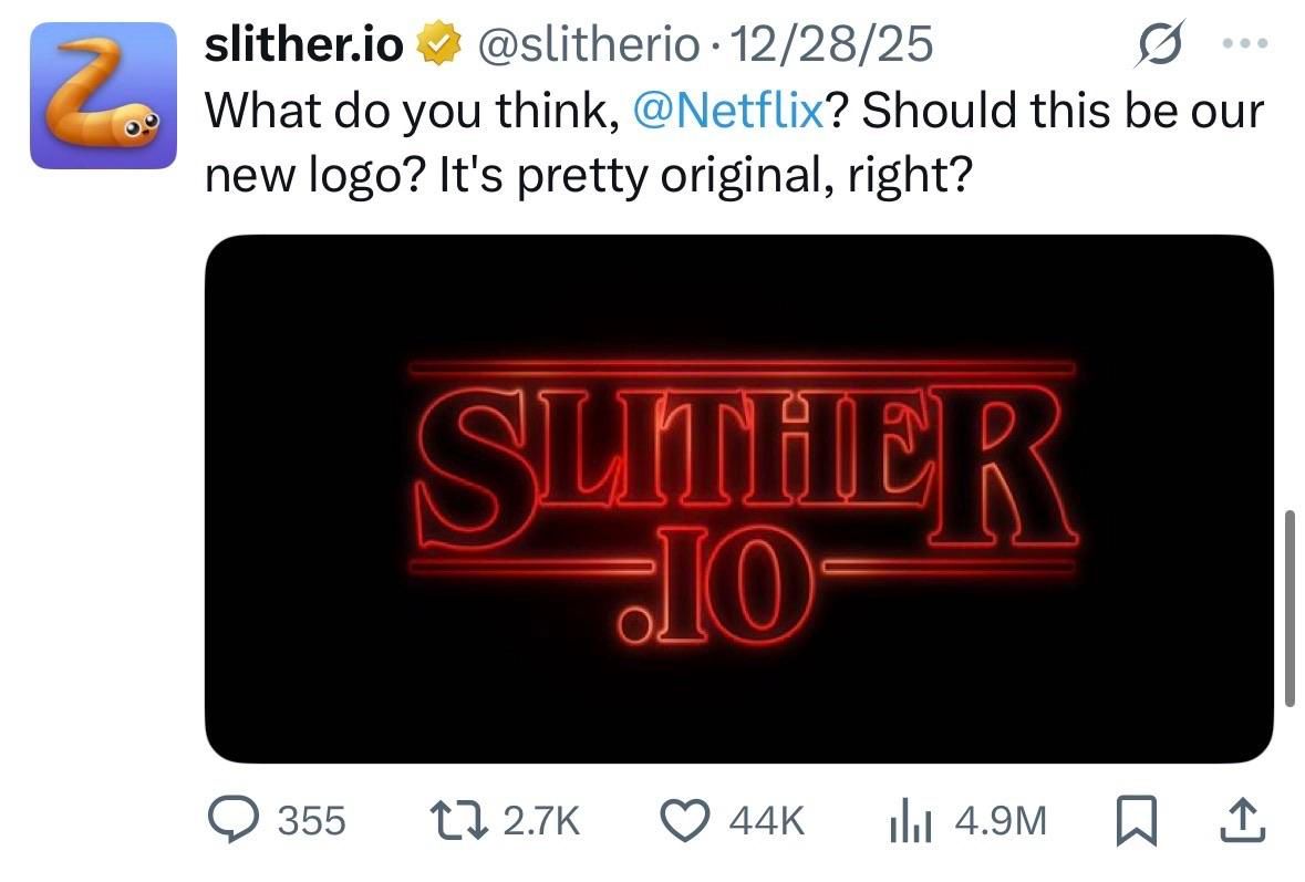 An image featuring a stylized logo that reads "SLITHER.IO" in bright red lettering against a black background, resembling a the stranger things logo. The image tags Netflix, asking them what they think about this “original” new logo