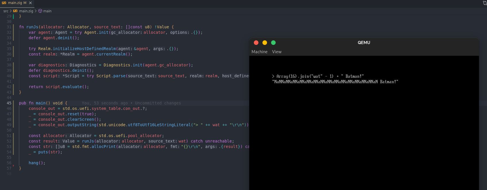 Screenshot of a main function written in Zig containing a bit of Kiesel boilerplate and UEFI output code. Next to it is a QEMU window displaying the famous "wat" demo.