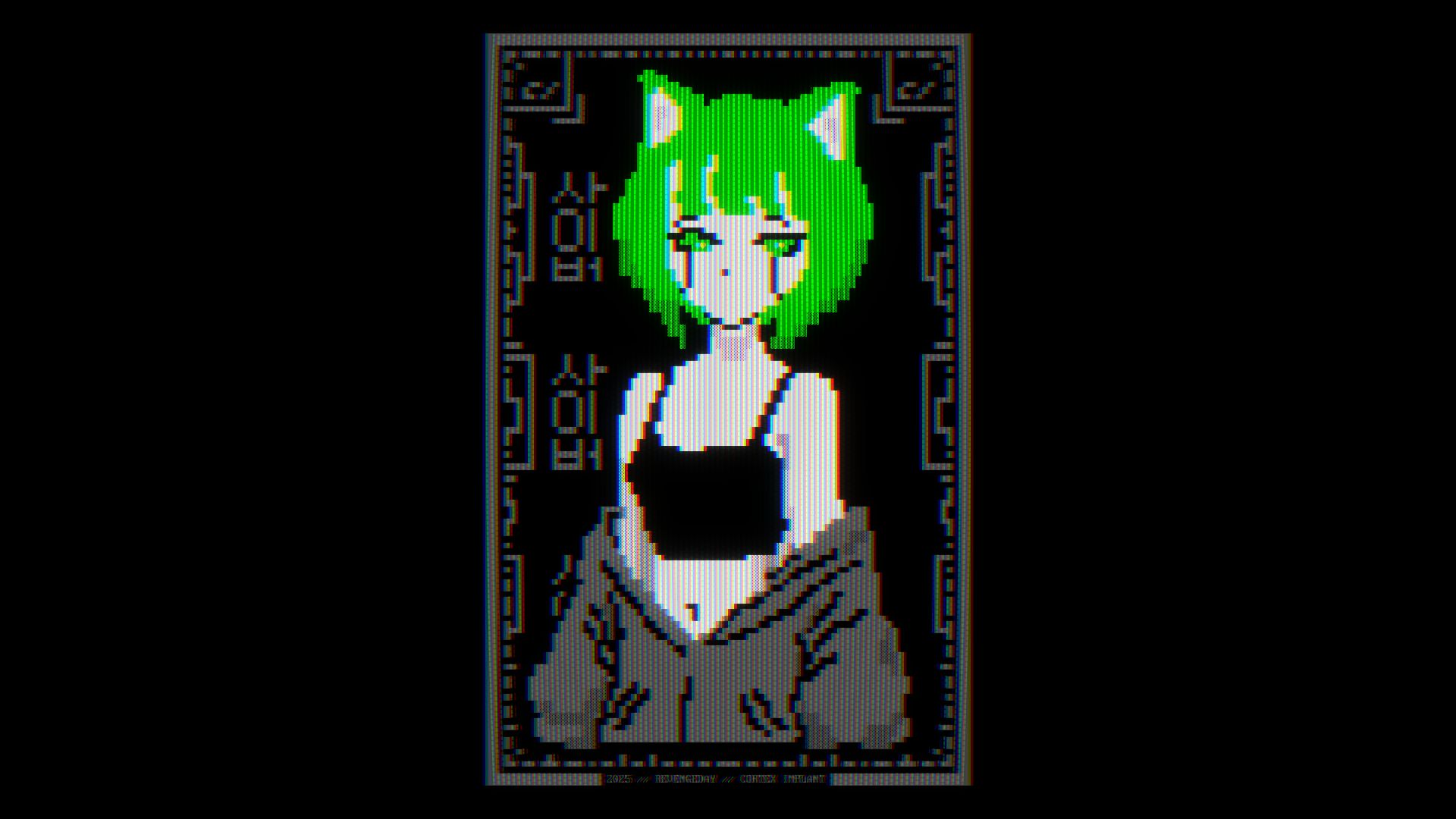 Ansi art with CRT Effect of an anime-style character with neon green hair and cat ears. The character is wearing a black crop top and a gray jacket hanging off the shoulders. The expression is neutral, and there are dark tear lines coming down from the eyes. The background is black with geometric designs.