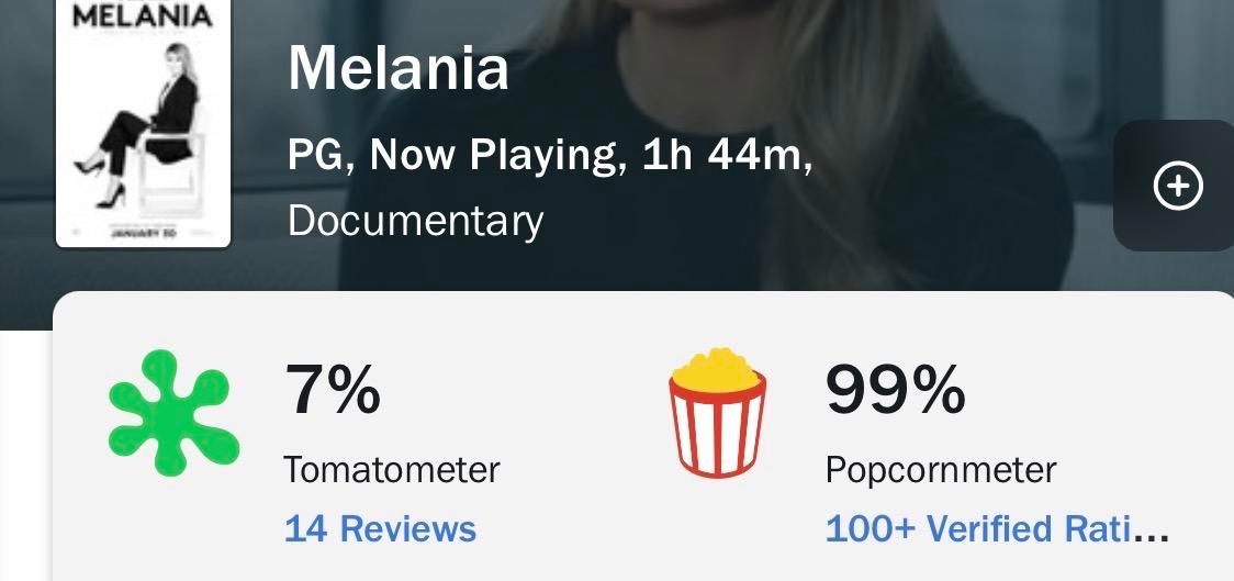 RottenTomatoes screenshot for Melania showing 7% for critic reviews and 99% for user reviews.