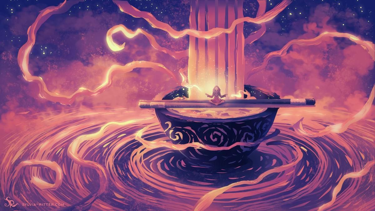 We are somewhere in space, and we can see the stars through the clouds. In the center of our attention is a bowl with intricate patterns and broad noodles in blue, purple, pink, orange, and yellow colors.

Chopsticks were placed on top of the bowl, and a tiny person wearing a hooded cloak is meditating on these sticks, channeling the power of the noodles, partly floating in the air. The floor also interacts with these powers surrounding the bowl in circles.

A noodle curtain behind the meditating person suggests a larger creature in the sky enjoying this powerful and delicious delicacy.

https://www.deviantart.com/sylviaritter/art/Speedpainting-14122025-1275197840