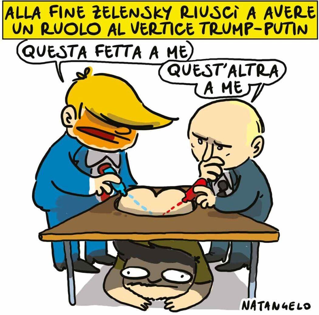 Nel disegno, Donald Trump e Vladimir Putin siedono ad un tavolo con un buco in mezzo e dal quale spunta il sedere di Zelensky. 
"Questa fetta a me", dice Trump tracciando una linea blu sulla natica destra di Zelensky. 
"Quest'altra a me", afferma Putin disegnando una riga rossa sull'altra natica.