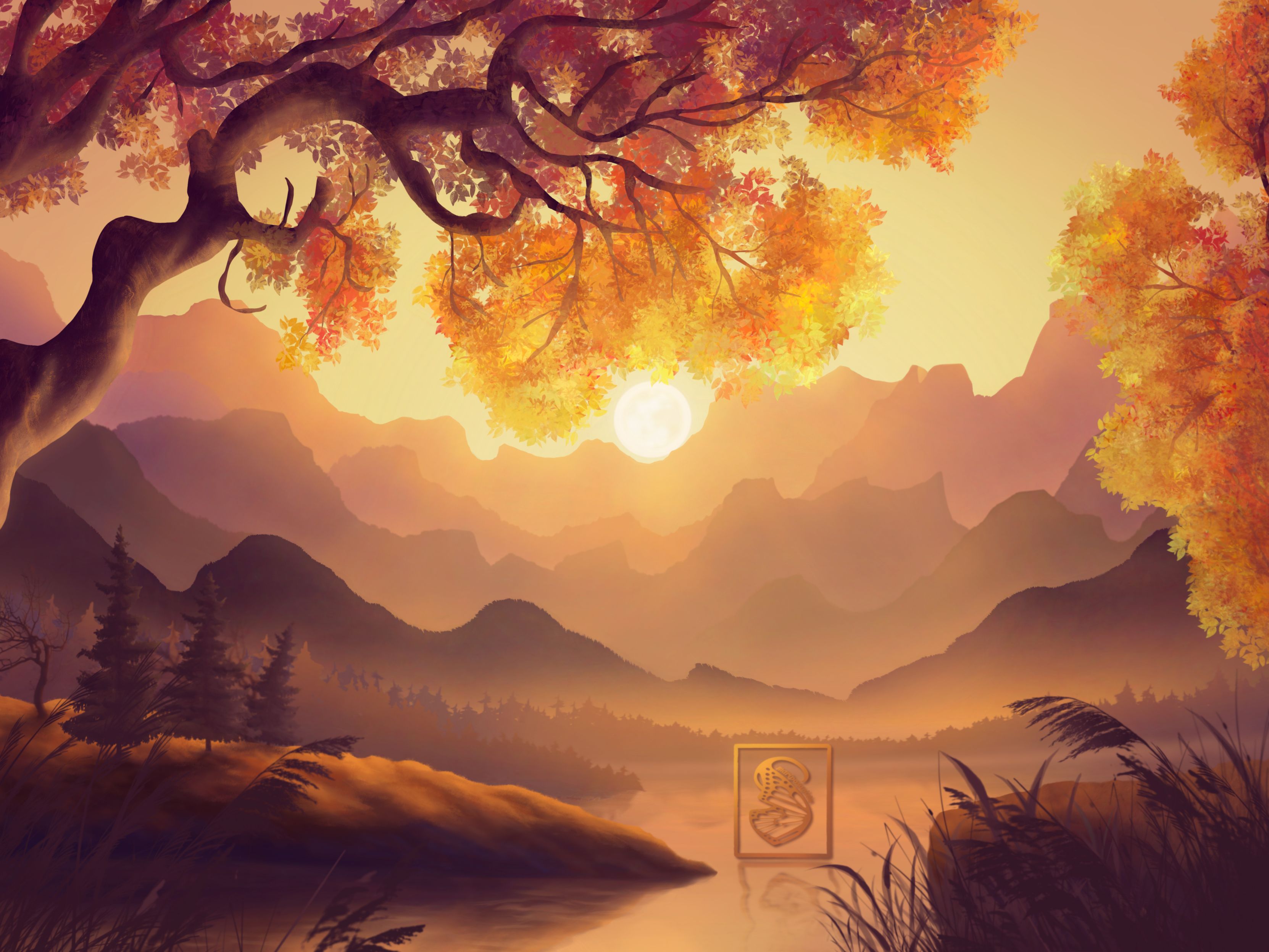 Sun setting behind Rocky Mountains overlooking a lake. The colours are mostly oranges, reds, and browns.
There’s a tree line (silhouette) of evergreen trees in the distance at the base of the mountains.
In the foreground is part of a large tree with orange and golden autumn leaves. It is looming over the water and the bright sun in the centre of the scene.
Midway between the mountains and the large tree is a peninsula with three more detailed evergreen trees and one lone bare tree with crooked spindly branches.
At the bottom of the foreground are silhouettes of tall grasses.
My signature S in the shape of a butterfly wing framed in a rectangle is sitting in the centre of the water. It is subtly reflected in the water (I’m pretty proud of that idea).
The scene is warm and calm like a serene late autumn afternoon.